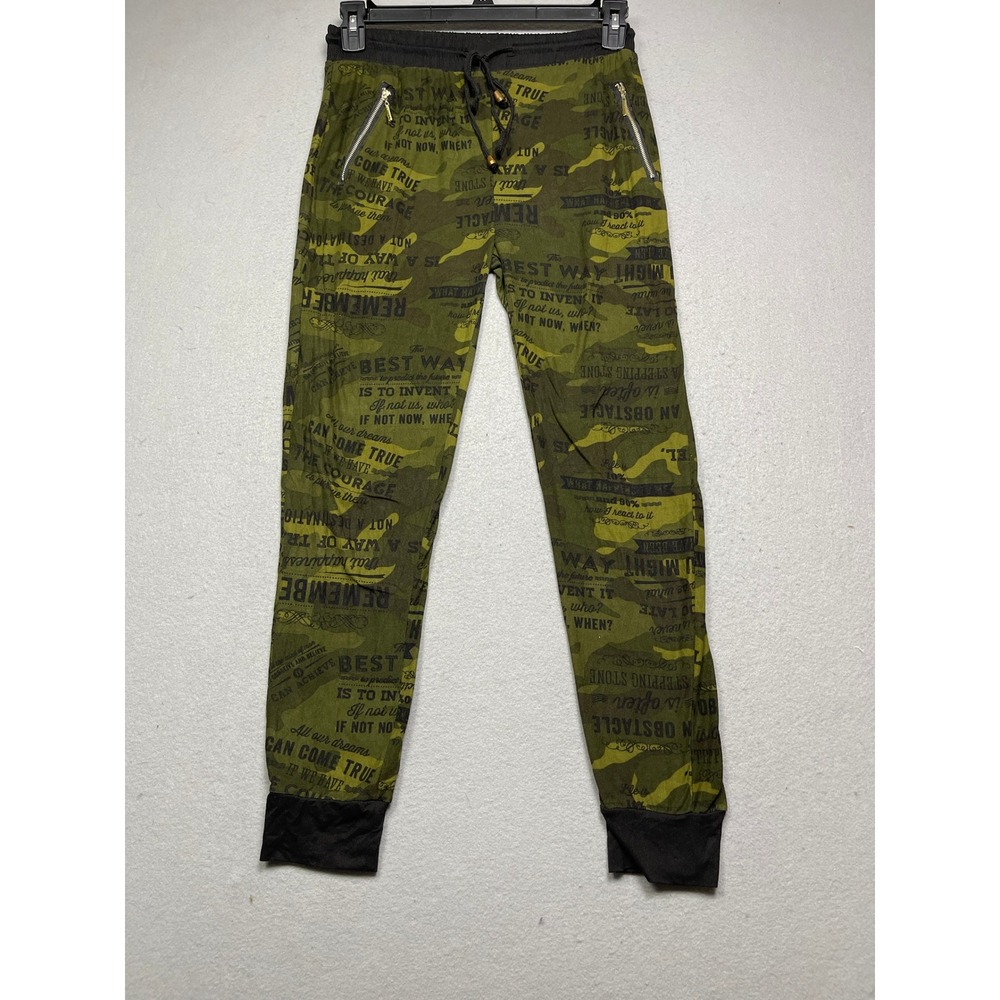 Indero Jogger Pants Polyester Spandex Camo Typography Green S/M Womens